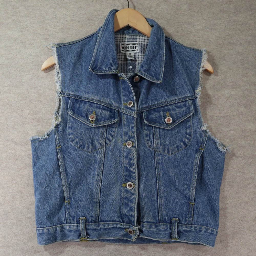 Miss Juli Denim Vest Medium Vintage 90s Flannel Star Lined Raw Edge Trucker